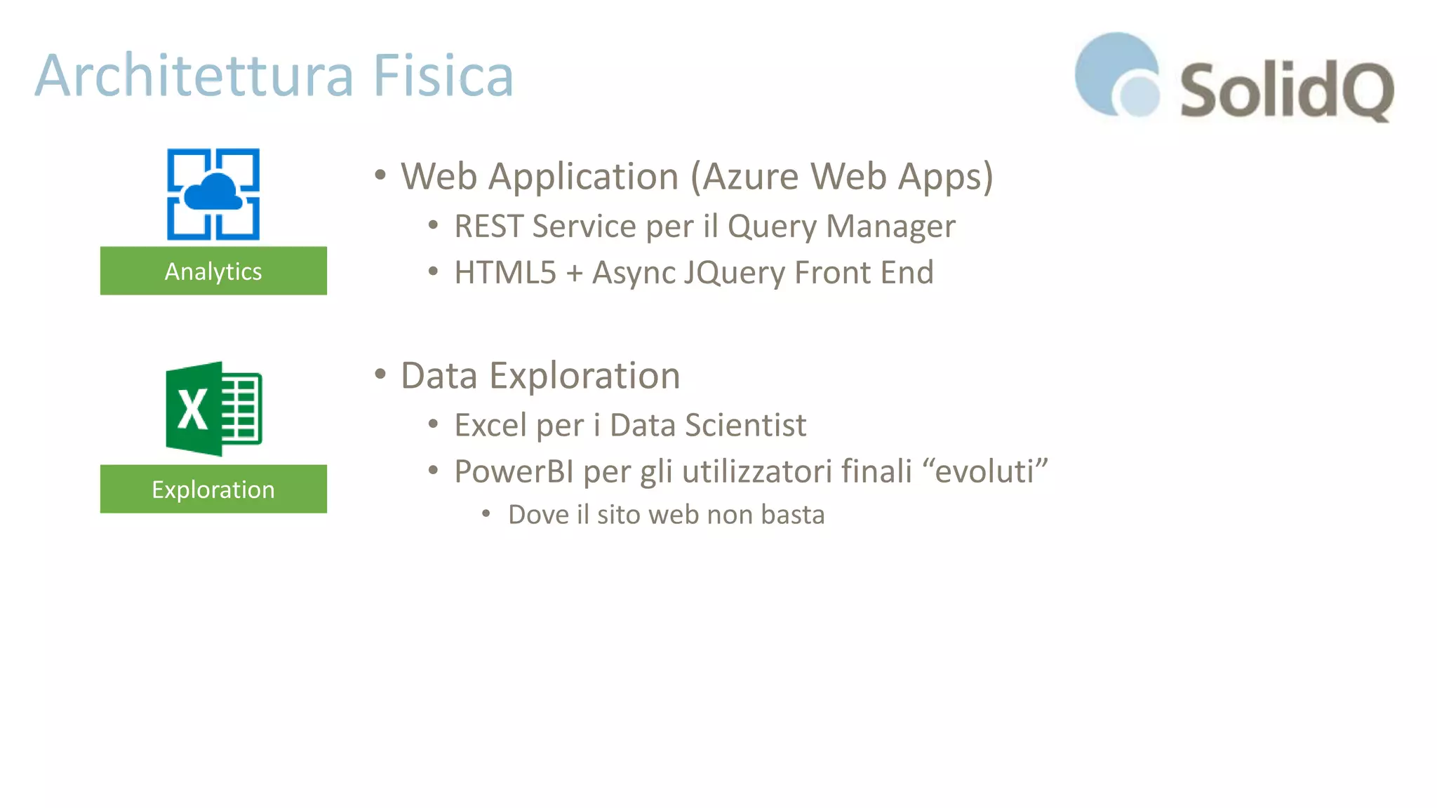 Architettura Fisica
• Web Application (Azure Web Apps)
• REST Service per il Query Manager
• HTML5 + Async JQuery Front End
• Data Exploration
• Excel per i Data Scientist
• PowerBI per gli utilizzatori finali “evoluti”
• Dove il sito web non basta
Analytics
Exploration
 