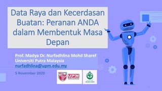 Prof. Madya Dr. Nurfadhlina Mohd Sharef
Universiti Putra Malaysia
nurfadhlina@upm.edu.my
Data Raya dan Kecerdasan
Buatan: Peranan ANDA
dalam Membentuk Masa
Depan
5 November 2020
1
 