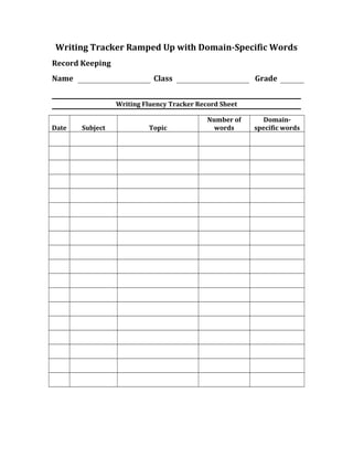 Writing Tracker Ramped Up with Domain-Specific Words
Record Keeping
Name Class Grade
Writing Fluency Tracker Record Sheet
Date Subject Topic
Number of
words
Domain-
specific words
 