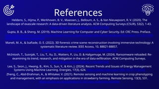 References
Heldens, S., Hijma, P., Werkhoven, B. V., Maassen, J., Belloum, A. S., & Van Nieuwpoort, R. V. (2020). The
landscape of exascale research: A data-driven literature analysis. ACM Computing Surveys (CSUR), 53(2), 1-43.
https://dl.acm.org/doi/abs/10.1145/3372390
Gupta, B. B., & Sheng, M. (2019). Machine Learning for Computer and Cyber Security. Ed: CRC Press. Preface.
https://api.taylorfrancis.com/content/books/mono/download?identifierName=doi&identifierValue=10.1201/978
0429504044&type=googlepdf
Maneli, M. A., & Isafiade, O. E. (2022). 3D forensic crime scene reconstruction involving immersive technology: A
systematic literature review. IEEE Access, 10, 88821-88857.
https://ieeexplore.ieee.org/abstract/document/9858116/
McIntosh, T., Susnjak, T., Liu, T., Xu, D., Watters, P., Liu, D. & Halgamuge, M. (2024). Ransomware reloaded: Re-
examining its trend, research, and mitigation in the era of data exfiltration. ACM Computing Surveys.
https://dl.acm.org/doi/full/10.1145/3691340
Lee, S., Seon, J., Hwang, B., Kim, S., Sun, Y., & Kim, J. (2024). Recent Trends and Issues of Energy Management
Systems Using Machine Learning. Energies, 17(3), 624. https://www.mdpi.com/1996-1073/17/3/624
Zheng, C., Abd-Elrahman, A., & Whitaker, V. (2021). Remote sensing and machine learning in crop phenotyping
and management, with an emphasis on applications in strawberry farming. Remote Sensing, 13(3), 531.
https://pubs.acs.org/doi/abs/10.1021/acs.analchem.4c00584
 