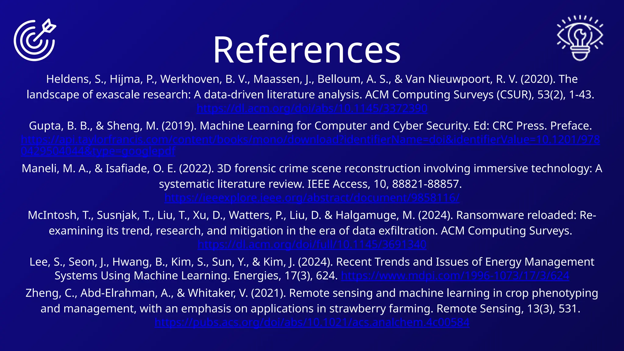 References
Heldens, S., Hijma, P., Werkhoven, B. V., Maassen, J., Belloum, A. S., & Van Nieuwpoort, R. V. (2020). The
landscape of exascale research: A data-driven literature analysis. ACM Computing Surveys (CSUR), 53(2), 1-43.
https://dl.acm.org/doi/abs/10.1145/3372390
Gupta, B. B., & Sheng, M. (2019). Machine Learning for Computer and Cyber Security. Ed: CRC Press. Preface.
https://api.taylorfrancis.com/content/books/mono/download?identifierName=doi&identifierValue=10.1201/978
0429504044&type=googlepdf
Maneli, M. A., & Isafiade, O. E. (2022). 3D forensic crime scene reconstruction involving immersive technology: A
systematic literature review. IEEE Access, 10, 88821-88857.
https://ieeexplore.ieee.org/abstract/document/9858116/
McIntosh, T., Susnjak, T., Liu, T., Xu, D., Watters, P., Liu, D. & Halgamuge, M. (2024). Ransomware reloaded: Re-
examining its trend, research, and mitigation in the era of data exfiltration. ACM Computing Surveys.
https://dl.acm.org/doi/full/10.1145/3691340
Lee, S., Seon, J., Hwang, B., Kim, S., Sun, Y., & Kim, J. (2024). Recent Trends and Issues of Energy Management
Systems Using Machine Learning. Energies, 17(3), 624. https://www.mdpi.com/1996-1073/17/3/624
Zheng, C., Abd-Elrahman, A., & Whitaker, V. (2021). Remote sensing and machine learning in crop phenotyping
and management, with an emphasis on applications in strawberry farming. Remote Sensing, 13(3), 531.
https://pubs.acs.org/doi/abs/10.1021/acs.analchem.4c00584
 