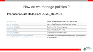 Oracle Data Redaction
How do we manage policies ?
Interface to Data Redaction: DBMS_REDACT
11
ADD_POLICY Defines a Data Redaction policy for a table or view
ALTER_POLICY Alters a Data Redaction policy for a table or view
DISABLE_POLICY Disables a Data Redaction policy
DROP_POLICY Drops a Data Redaction policy
ENABLE_POLICY Enables a Data Redaction policy
UPDATE_FULL_REDACTION_VALUES Modifies the default displayed values for a Data Redaction policy
for full redaction
 