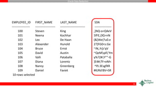 Oracle Data Redaction
EMPLOYEE_ID FIRST_NAME LAST_NAME SSN
------------------ -------------------- ------------------------- -----------------
100 Steven King ,]NQ-o<Q4eV
101 Neena Kochhar 5fFE,{X$=nN
102 Lex De Haan (&]We{?u0.e
103 Alexander Hunold 2?]FG0<s:Ge
104 Bruce Ernst ~iN,:h]z'qV
105 David Austin ~QeMq4'Ym
106 Valli Pataballa y%?2#|Y""-G
107 Diana Lorentz ]E4#;TF=eM<
108 Nancy Greenberg ^PJ.3EsgfXR
109 Daniel Faviet #KJRd!BV+SR
10 rows selected
26
 