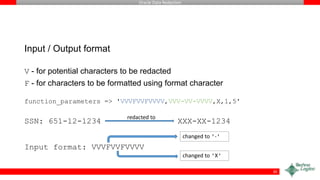 Oracle Data Redaction
Input / Output format
V - for potential characters to be redacted
F - for characters to be formatted using format character
function_parameters => 'VVVFVVFVVVV,VVV-VV-VVVV,X,1,5'
SSN: 651-12-1234 XXX-XX-1234
Input format: VVVFVVFVVVV
30
changed to 'X'
changed to '-'
redacted to
 