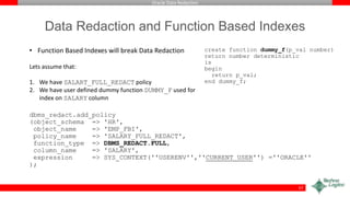 Oracle Data Redaction
Data Redaction and Function Based Indexes
create function dummy_f(p_val number)
return number deterministic
is
begin
return p_val;
end dummy_f;
dbms_redact.add_policy
(object_schema => 'HR',
object_name => 'EMP_FBI',
policy_name => 'SALARY_FULL_REDACT',
function_type => DBMS_REDACT.FULL,
column_name => 'SALARY',
expression => SYS_CONTEXT(''USERENV'',''CURRENT_USER'') =''ORACLE''
);
57
• Function Based Indexes will break Data Redaction
Lets assume that:
1. We have SALART_FULL_REDACT policy
2. We have user defined dummy function DUMMY_F used for
index on SALARY column
 