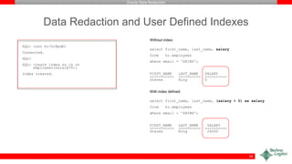 Oracle Data Redaction
Data Redaction and User Defined Indexes
SQL> conn hr/hr@pdb1
Connected.
SQL>
SQL> create index ss_ix on
employees(salary+0);
Index created.
Without index:
select first_name, last_name, salary
from hr.employees
where email = 'SKING';
FIRST_NAME LAST_NAME SALARY
----------- ---------- ----------
Steven King 0
With index defined:
select first_name, last_name, (salary + 0) as salary
from hr.employees
where email = 'SKING';
FIRST_NAME LAST_NAME SALARY
----------- ---------- ----------
Steven King 24000
59
 