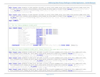 Addressing Data Privacy Challenges In Global Applications | Sambit Banerjee
Page 18 of 37
SQL> Insert into APPMAIN.CLIENT_MASTER (CLIENT_ID,PRIM_FIRST_NAME,PRIM_LAST_NAME,PRIM_MIDDLE_NAME,PRIM_DOB,
CLIENT_DOMICILE_COUNTRY,PRIM_ADDRESS,PRIM_PHONE_NO,PRIM_EMAIL,CLIENT_TYPE) values ('1001','John','Doe',
'J.', to_date('02-JAN-60','DD-MON-RR'),'CNTRY_DP','123 Main St, City1, State1', '111122223333',
'JDoe@xyz.com','Individual');
SQL> Insert into APPMAIN.CLIENT_MASTER (CLIENT_ID,PRIM_FIRST_NAME,PRIM_LAST_NAME,PRIM_MIDDLE_NAME,PRIM_DOB,
CLIENT_DOMICILE_COUNTRY,PRIM_ADDRESS,PRIM_PHONE_NO,PRIM_EMAIL,CLIENT_TYPE) values ('2002','Ann','Wu',null,
to_date('12-AUG-70','DD-MON-RR'),'CNTRY_DP','678 River Ln, City2, State2','99887766XYZ','js12@xyz.net',
'Individual');
SQL> COMMIT;
--------------------------------------------------------
-- DDL for Table APPMAIN.CLIENT_ACCT
--------------------------------------------------------
SQL> CREATE TABLE "APPMAIN"."CLIENT_ACCT" (
"CLIENT_ID" VARCHAR2(20) NOT NULL ENABLE,
"ACCT_ID" VARCHAR2(20) NOT NULL ENABLE,
"ACCT_NUMBER" VARCHAR2(20) NOT NULL ENABLE,
"ACCT_TYPE" VARCHAR2(20) NOT NULL ENABLE,
"ACCT_FULL_NAME" VARCHAR2(20),
"ACCT_DOB" DATE,
"ACCT_ADDRESS" VARCHAR2(50),
"ACCT_PHONE_NO" VARCHAR2(20),
"ACCT_EMAIL" VARCHAR2(30),
"RELN_WITH_PRIM" VARCHAR2(20),
"ACCT_DOMICILE_COUNTRY" VARCHAR2(20),
CONSTRAINT "CLIENT_ACCT_PK" PRIMARY KEY ("CLIENT_ID", "ACCT_ID") USING INDEX ENABLE );
--------------------------------------------------------
-- DMLs for Table APPMAIN.CLIENT_ACCT. These inserts the same data from Table 2.
--------------------------------------------------------
SQL> Insert into APPMAIN.CLIENT_ACCT (CLIENT_ID,ACCT_ID,ACCT_NUMBER,ACCT_TYPE,ACCT_FULL_NAME,ACCT_DOB,
ACCT_ADDRESS,ACCT_PHONE_NO, ACCT_EMAIL,RELN_WITH_PRIM,ACCT_DOMICILE_COUNTRY) values ('1001','1',
'445566777','CreditCard','John Doe',to_date('02-JAN-60','DD-MON-RR'),'123 Main St, City1, State1',
'111122223333', 'JDoe@xyz.com','Self', 'CNTRY_DP');
SQL> Insert into APPMAIN.CLIENT_ACCT (CLIENT_ID,ACCT_ID,ACCT_NUMBER,ACCT_TYPE,ACCT_FULL_NAME,ACCT_DOB,
ACCT_ADDRESS,ACCT_PHONE_NO,ACCT_EMAIL,RELN_WITH_PRIM,ACCT_DOMICILE_COUNTRY) values ('1001','2',
'445561727','CreditCard','Jane Doe',to_date('05-MAR-62','DD-MON-RR'),'123 Main St, City1, State1',
'111122223344','jane@domain2.com','Spouse','CNTRY_DP');
SQL> Insert into APPMAIN.CLIENT_ACCT (CLIENT_ID,ACCT_ID,ACCT_NUMBER,ACCT_TYPE,ACCT_FULL_NAME,ACCT_DOB,
ACCT_ADDRESS,ACCT_PHONE_NO,ACCT_EMAIL,RELN_WITH_PRIM,ACCT_DOMICILE_COUNTRY) values ('2002','3',
'33245','Savings','Ann Wu',to_date('12-AUG-70','DD-MON-RR'),'678 River Ln, City2, State2',
'99887766XYZ','js12@xyz.net','Self','CNTRY_DP');
SQL> Insert into APPMAIN.CLIENT_ACCT (CLIENT_ID,ACCT_ID,ACCT_NUMBER,ACCT_TYPE,ACCT_FULL_NAME,ACCT_DOB,
ACCT_ADDRESS,ACCT_PHONE_NO,ACCT_EMAIL,RELN_WITH_PRIM,ACCT_DOMICILE_COUNTRY) values ('2002','4',
 