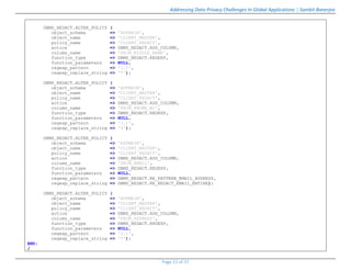 Addressing Data Privacy Challenges In Global Applications | Sambit Banerjee
Page 21 of 37
DBMS_REDACT.ALTER_POLICY (
object_schema => 'APPMAIN',
object_name => 'CLIENT_MASTER',
policy_name => 'CLIENT_REDACT',
action => DBMS_REDACT.ADD_COLUMN,
column_name => 'PRIM_MIDDLE_NAME',
function_type => DBMS_REDACT.REGEXP,
function_parameters => NULL,
regexp_pattern => '(.)',
regexp_replace_string => '*');
DBMS_REDACT.ALTER_POLICY (
object_schema => 'APPMAIN',
object_name => 'CLIENT_MASTER',
policy_name => 'CLIENT_REDACT',
action => DBMS_REDACT.ADD_COLUMN,
column_name => 'PRIM_PHONE_NO',
function_type => DBMS_REDACT.REGEXP,
function_parameters => NULL,
regexp_pattern => '(.)',
regexp_replace_string => '9');
DBMS_REDACT.ALTER_POLICY (
object_schema => 'APPMAIN',
object_name => 'CLIENT_MASTER',
policy_name => 'CLIENT_REDACT',
action => DBMS_REDACT.ADD_COLUMN,
column_name => 'PRIM_EMAIL',
function_type => DBMS_REDACT.REGEXP,
function_parameters => NULL,
regexp_pattern => DBMS_REDACT.RE_PATTERN_EMAIL_ADDRESS,
regexp_replace_string => DBMS_REDACT.RE_REDACT_EMAIL_ENTIRE);
DBMS_REDACT.ALTER_POLICY (
object_schema => 'APPMAIN',
object_name => 'CLIENT_MASTER',
policy_name => 'CLIENT_REDACT',
action => DBMS_REDACT.ADD_COLUMN,
column_name => 'PRIM_ADDRESS',
function_type => DBMS_REDACT.REGEXP,
function_parameters => NULL,
regexp_pattern => '(.)',
regexp_replace_string => '*');
END;
/
 