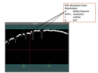 Edit absorption lines
Keystrokes:
d delete features
shift x resolution
r redraw
q quit
 