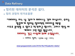 [44]
"데이터는 어느 날 갑자기 태어나는 것이 아닙니다. 우리는
깔끔하게 정리된 절대적인 데이터를 엑셀
시트로 분석할 수 있다고 착각하곤 합니다. 그러나 현실 세
계에서 그런 일은 없습니다.
데이터는 결국 사람에 의해 수집됩니다.
- 네이트 실버(‘신호와 소음’저자)
newspeppermint.com/2014/06/09/piketty-data/
Data Refinery
 