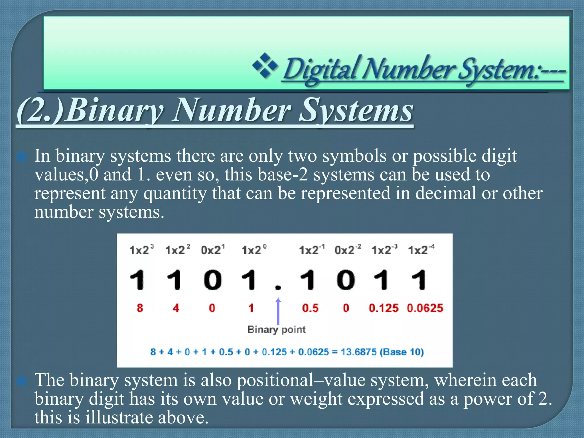(2.)Binary Number Systems
 In binary systems there are only two symbols or possible digit
values,0 and 1. even so, this base-2 systems can be used to
represent any quantity that can be represented in decimal or other
number systems.
 The binary system is also positional–value system, wherein each
binary digit has its own value or weight expressed as a power of 2.
this is illustrate above.
 