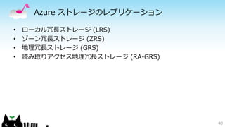 Azure ストレージのレプリケーション 
• ローカル冗長ストレージ(LRS) 
• ゾーン冗長ストレージ(ZRS) 
• 地理冗長ストレージ(GRS) 
• 読み取りアクセス地理冗長ストレージ(RA-GRS) 
40 
 