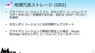 地理冗長ストレージ(GRS) 
• プライマリリージョンで3つ、セカンダリリージョンで3 
つデータのコピーを保持するため、合計６つのデータコピー 
を保持 
• セカンダリリージョンには非同期でレプリケート 
• プライマリリージョンで障害が発生した場合、Azure 
Storage はセカンダリリージョンにフェールオーバー 
45 
 