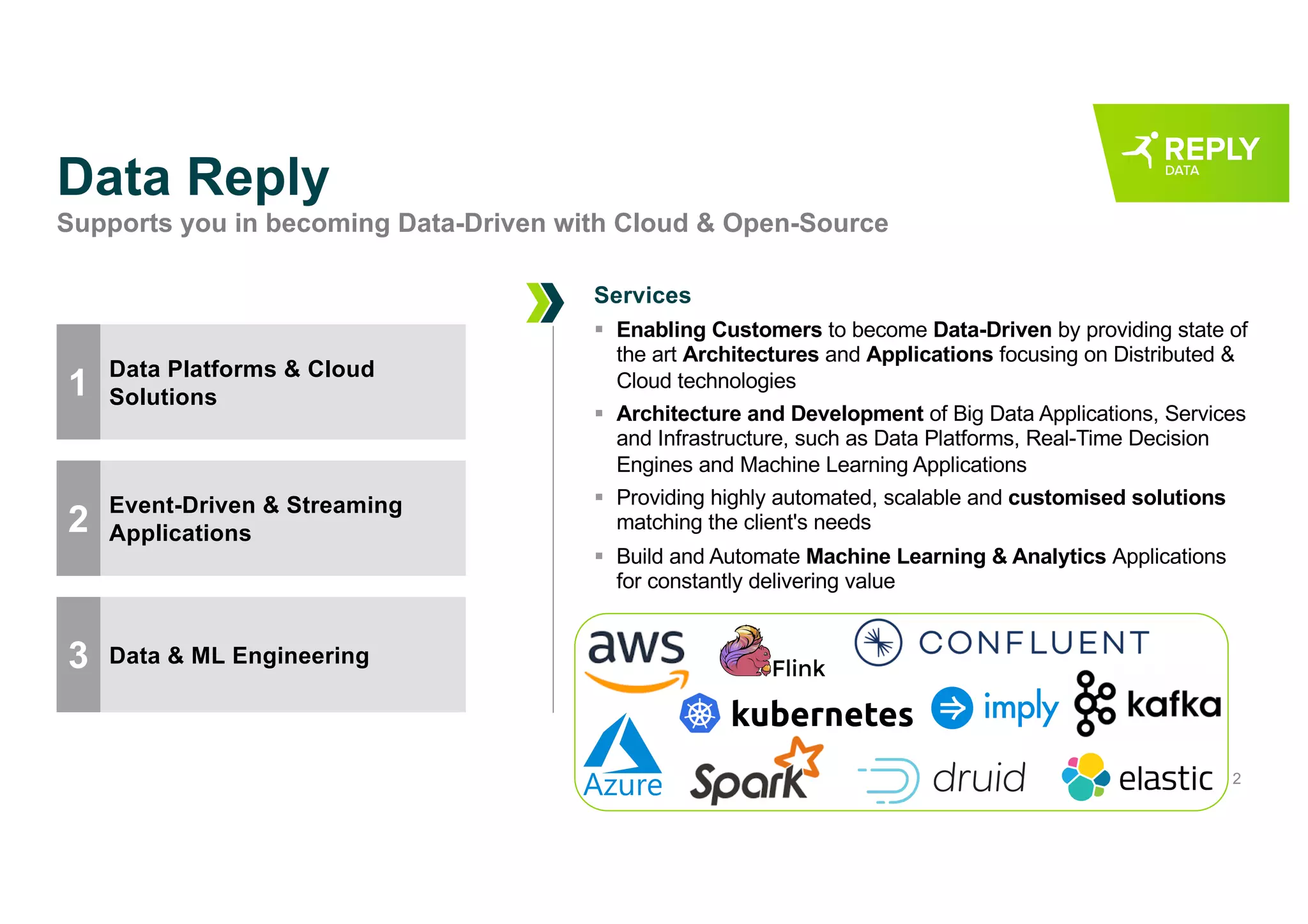 2
Data Reply
Supports you in becoming Data-Driven with Cloud & Open-Source
Data & ML Engineering3
Data Platforms & Cloud
Solutions1
Event-Driven & Streaming
Applications2
Services
§ Enabling Customers to become Data-Driven by providing state of
the art Architectures and Applications focusing on Distributed &
Cloud technologies
§ Architecture and Development of Big Data Applications, Services
and Infrastructure, such as Data Platforms, Real-Time Decision
Engines and Machine Learning Applications
§ Providing highly automated, scalable and customised solutions
matching the client's needs
§ Build and Automate Machine Learning & Analytics Applications
for constantly delivering value
 