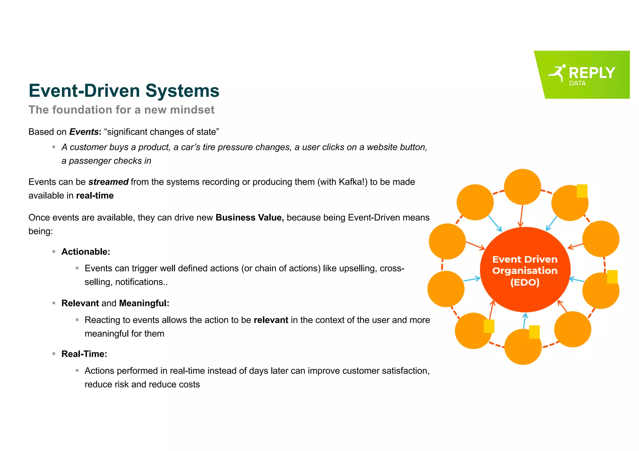 Event-Driven Systems
The foundation for a new mindset
Based on Events: “significant changes of state”
§ A customer buys a product, a car’s tire pressure changes, a user clicks on a website button,
a passenger checks in
Events can be streamed from the systems recording or producing them (with Kafka!) to be made
available in real-time
Once events are available, they can drive new Business Value, because being Event-Driven means
being:
§ Actionable:
§ Events can trigger well defined actions (or chain of actions) like upselling, cross-
selling, notifications..
§ Relevant and Meaningful:
§ Reacting to events allows the action to be relevant in the context of the user and more
meaningful for them
§ Real-Time:
§ Actions performed in real-time instead of days later can improve customer satisfaction,
reduce risk and reduce costs
 