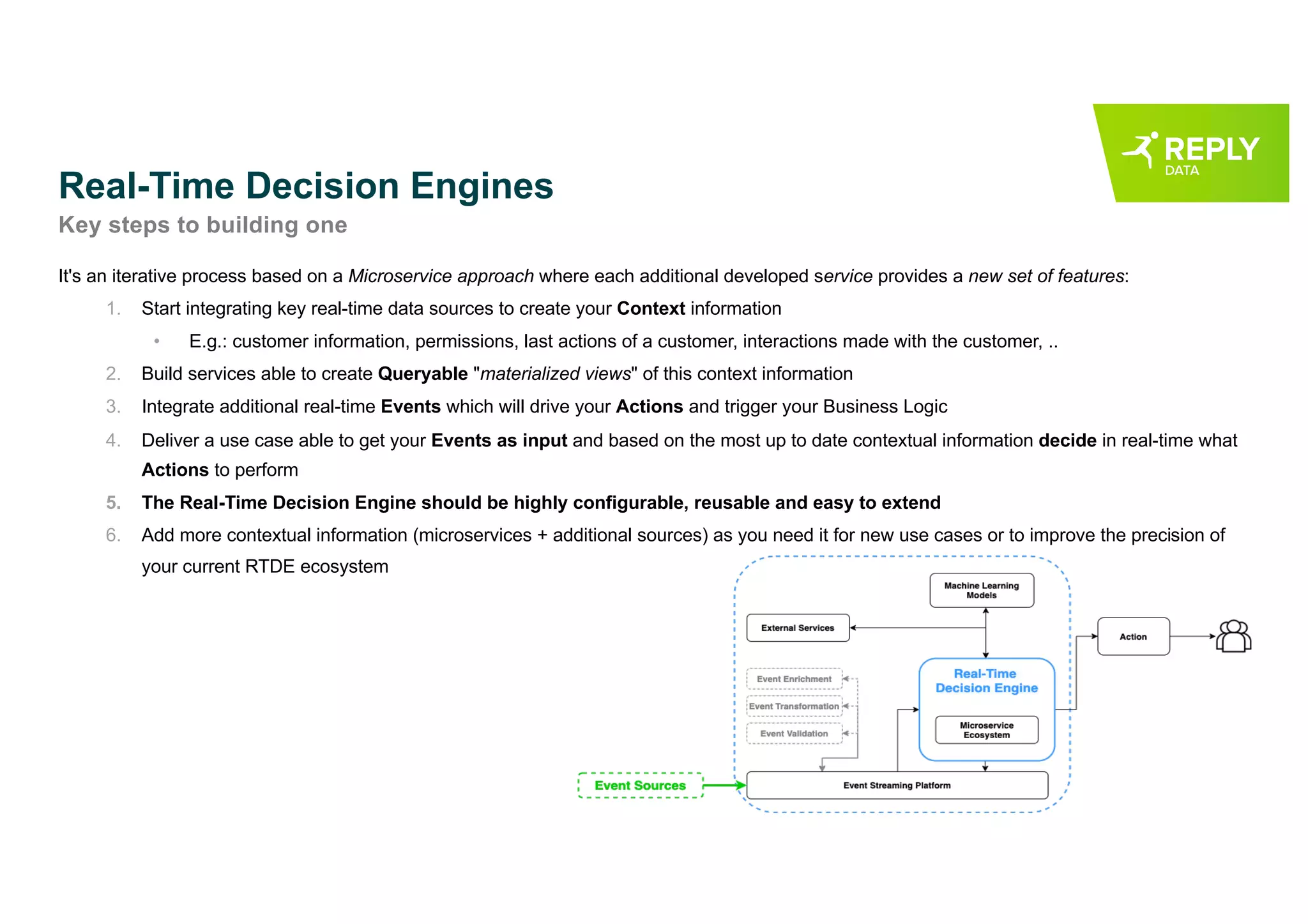 Real-Time Decision Engines
Key steps to building one
It's an iterative process based on a Microservice approach where each additional developed service provides a new set of features:
1. Start integrating key real-time data sources to create your Context information
• E.g.: customer information, permissions, last actions of a customer, interactions made with the customer, ..
2. Build services able to create Queryable "materialized views" of this context information
3. Integrate additional real-time Events which will drive your Actions and trigger your Business Logic
4. Deliver a use case able to get your Events as input and based on the most up to date contextual information decide in real-time what
Actions to perform
5. The Real-Time Decision Engine should be highly configurable, reusable and easy to extend
6. Add more contextual information (microservices + additional sources) as you need it for new use cases or to improve the precision of
your current RTDE ecosystem
 