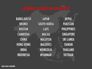we are social
COUNTRIES COVERED IN THIS REPORT
BANGLADESH
BRUNEI
BHUTAN
CAMBODIA
CHINA
HONG KONG
INDIA
INDONESIA
JAPAN
SOUTH KOREA
LAOS
MACAU
MALAYSIA
MALDIVES
MONGOLIA
MYANMAR
NEPAL
PAKISTAN
PHILIPPINES
SINGAPORE
SRI LANKA
TAIWAN
THAILAND
VIETNAM
 