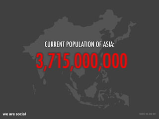 we are social
3,715,000,O00
CURRENT POPULATION OF ASIA:
SOURCE: UN, JUNE 2011
 