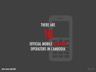 we are social
10
OFFICIAL MOBILE NETWORK
OPERATORS IN CAMBODIA
THERE ARE
SOURCE: ITU.INT
 