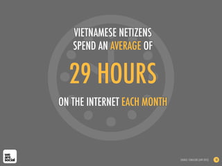 29 HOURS
ON THE INTERNET EACH MONTH
VIETNAMESE NETIZENS
SPEND AN AVERAGE OF
SOURCE: COMSCORE (APR 2012) 18
 