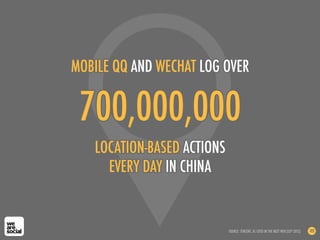 700,000,000
LOCATION-BASED ACTIONS
EVERY DAY IN CHINA
MOBILE QQ AND WECHAT LOG OVER
SOURCE: TENCENT, AS CITED IN THE NEXT WEB (SEP 2012) 102
 
