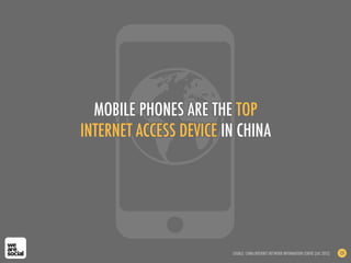MOBILE PHONES ARE THE TOP
INTERNET ACCESS DEVICE IN CHINA
SOURCE: CHINA INTERNET NETWORK INFORMATION CENTRE (JUL 2012) 131
 