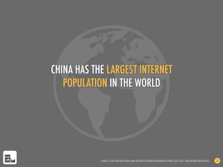 CHINA HAS THE LARGEST INTERNET
POPULATION IN THE WORLD
SOURCES: BASED ON DATA FROM CHINA INTERNET NETWORK INFORMATION CENTRE (AUG 2012); AND INTERNETWORLDSTATS 17
 