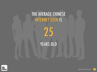 YEARS OLD
25
THE AVERAGE CHINESE
INTERNET USER IS
SOURCE: TECH IN ASIA (OCT 2012) 27
 
