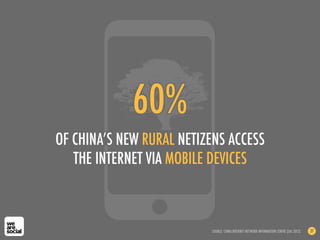 60%
OF CHINA’S NEW RURAL NETIZENS ACCESS
THE INTERNET VIA MOBILE DEVICES
SOURCE: CHINA INTERNET NETWORK INFORMATION CENTRE (JUL 2012) 37
 