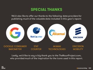 @wearesocialsg • 533
SPECIAL THANKS
We’d also like to offer our thanks to the following data providers for
publishing much of the valuable data included in this year’s report:
STAT
COUNTER
GOOGLE CONSUMER
BAROMETER
ERICSSON
MOBILITY
AKAMAI
TECHNOLOGIES
Lastly, we’d like to say a big thank you to the TheNounProject.com,
who provided much of the inspiration for the icons used in this report.
 