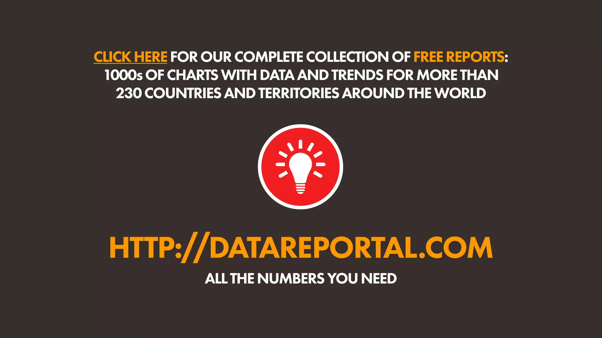 HTTP://DATAREPORTAL.COM
ALLTHENUMBERSYOUNEED
CLICKHEREFOROURCOMPLETECOLLECTIONOFFREEREPORTS:
1000sOFCHARTSWITHDATAANDTRENDSFORMORETHAN
230COUNTRIESANDTERRITORIESAROUNDTHEWORLD
 