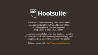 14
Hootsuite is the most widely used social media
management platform, trusted by more than
16 million people and employee...