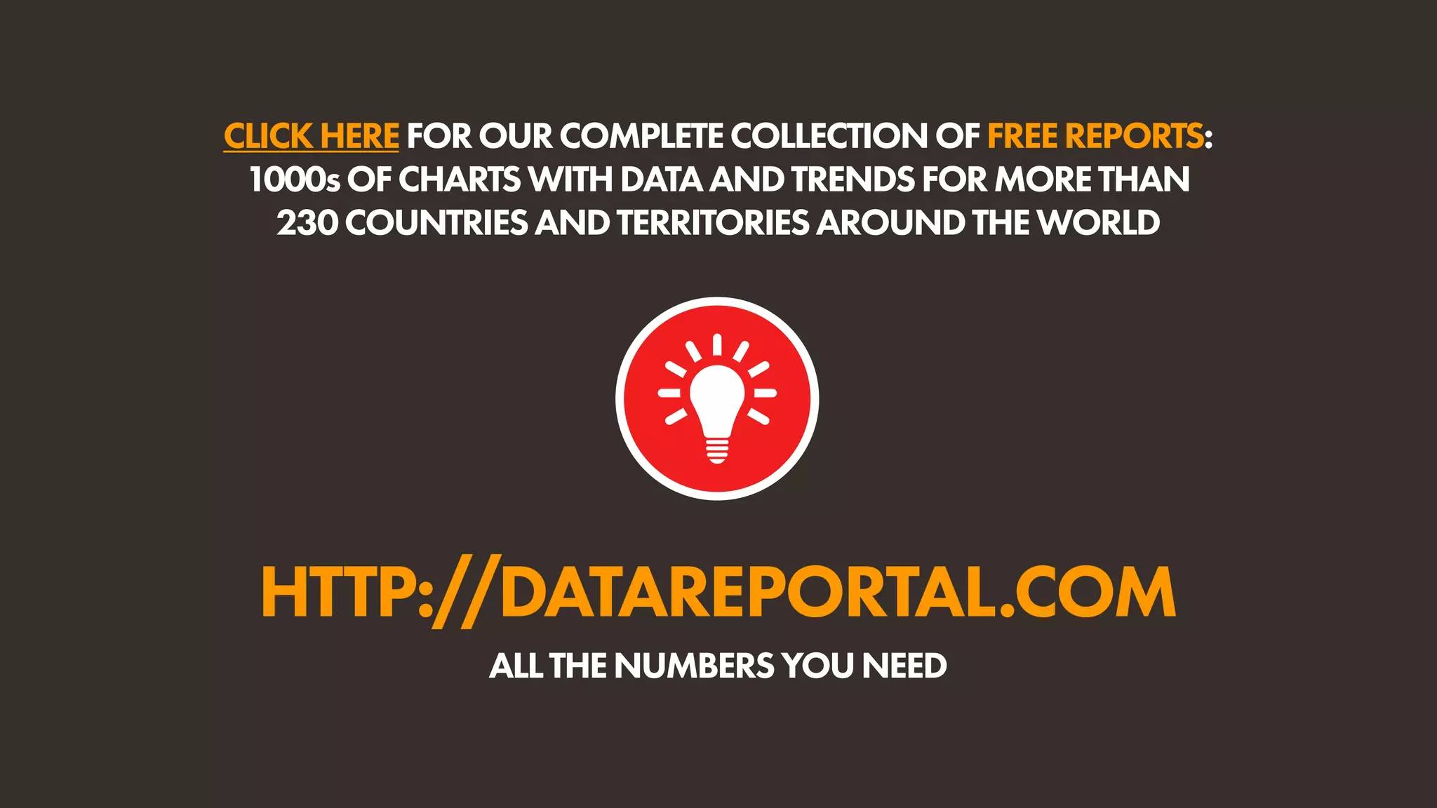 HTTP://DATAREPORTAL.COM
ALLTHENUMBERSYOUNEED
CLICKHEREFOROURCOMPLETECOLLECTIONOFFREEREPORTS:
1000sOFCHARTSWITHDATAANDTRENDSFORMORETHAN
230COUNTRIESANDTERRITORIESAROUNDTHEWORLD
 