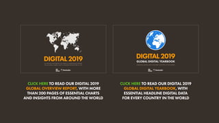 CLICK HERE TO READ OUR DIGITAL 2019
GLOBAL OVERVIEW REPORT, WITH MORE
THAN 200 PAGES OF ESSENTIAL CHARTS
AND INSIGHTS FROM AROUND THE WORLD
CLICK HERE TO READ OUR DIGITAL 2019
GLOBAL DIGITAL YEARBOOK, WITH
ESSENTIAL HEADLINE DIGITAL DATA
FOR EVERY COUNTRY IN THE WORLD
ALL THE DATA AND TRENDS YOU NEED TO UNDERSTAND INTERNET,
SOCIAL MEDIA, MOBILE, AND E-COMMERCE BEHAVIOURS IN 2019
DIGITAL2019
ESSENTIAL DIGITAL DATA FOR EVERY COUNTRY IN THE WORLD
DIGITAL2019
GLOBAL DIGITAL YEARBOOK
 