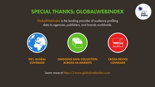 Learn more at https://www.globalwebindex.com
90% GLOBAL
COVERAGE
ONGOING DATA COLLECTION
ACROSS 46 MARKETS
CROSS-DEVICE
COVERAGE
GlobalWebIndex is the leading provider of audience profiling
data to agencies, publishers, and brands worldwide.
SPECIAL THANKS: GLOBALWEBINDEX
 