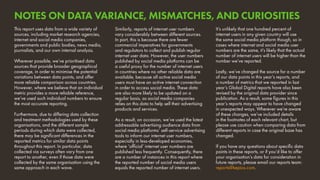 It’s unlikely that one hundred percent of
internet users in any given country will use
the same social media platform though, so in
cases where internet and social media user
numbers are the same, it’s likely that the actual
number of internet users will be higher than the
number we’ve reported.
Lastly, we’ve changed the source for a number
of our data points in this year’s reports, and
a number of metrics that we reported in last
year’s Global Digital reports have also been
revised by the original data provider since
publication. As a result, some figures in this
year’s reports may appear to have changed
in unexpected ways. Wherever we’re aware
of these changes, we’ve included details
in the footnotes of each relevant chart, but
please use caution when comparing data from
different reports in case the original base has
changed.
If you have any questions about specific data
points in these reports, or if you’d like to offer
your organisation’s data for consideration in
future reports, please email our reports team:
reports@kepios.com.
This report uses data from a wide variety of
sources, including market research agencies,
internet and social media companies,
governments and public bodies, news media,
journalists, and our own internal analysis.
Wherever possible, we’ve prioritised data
sources that provide broader geographical
coverage, in order to minimise the potential
variations between data points, and offer
more reliable comparison across countries.
However, where we believe that an individual
metric provides a more reliable reference,
we’ve used such individual numbers to ensure
the most accurate reporting.
Furthermore, due to differing data collection
and treatment methodologies used by these
organisations, and the different sample
periods during which data were collected,
there may be significant differences in the
reported metrics for similar data points
throughout this report. In particular, data
collected via surveys often vary from one
report to another, even if those data were
collected by the same organisation using the
same approach in each wave.
Similarly, reports of internet user numbers
vary considerably between different sources.
In part, this is because there are fewer
commercial imperatives for governments
and regulators to collect and publish regular
internet user data. However, the user numbers
published by social media platforms can be
a useful proxy for the number of internet users
in countries where no other reliable data are
available, because all active social media
users must have an active internet connection
in order to access social media. These data
are also more likely to be updated on a
regular basis, as social media companies
relies on this data to help sell their advertising
products and services.
As a result, on occasion, we’ve used the latest
addressable advertising audience data from
social media platforms’ self-service advertising
tools to inform our internet user numbers,
especially in less-developed economies,
where ‘official’ internet user numbers are
published less frequently. Consequently, there
are a number of instances in this report where
the reported number of social media users
equals the reported number of internet users.
NOTES ON DATA VARIANCE, MISMATCHES, AND CURIOSITIES
 