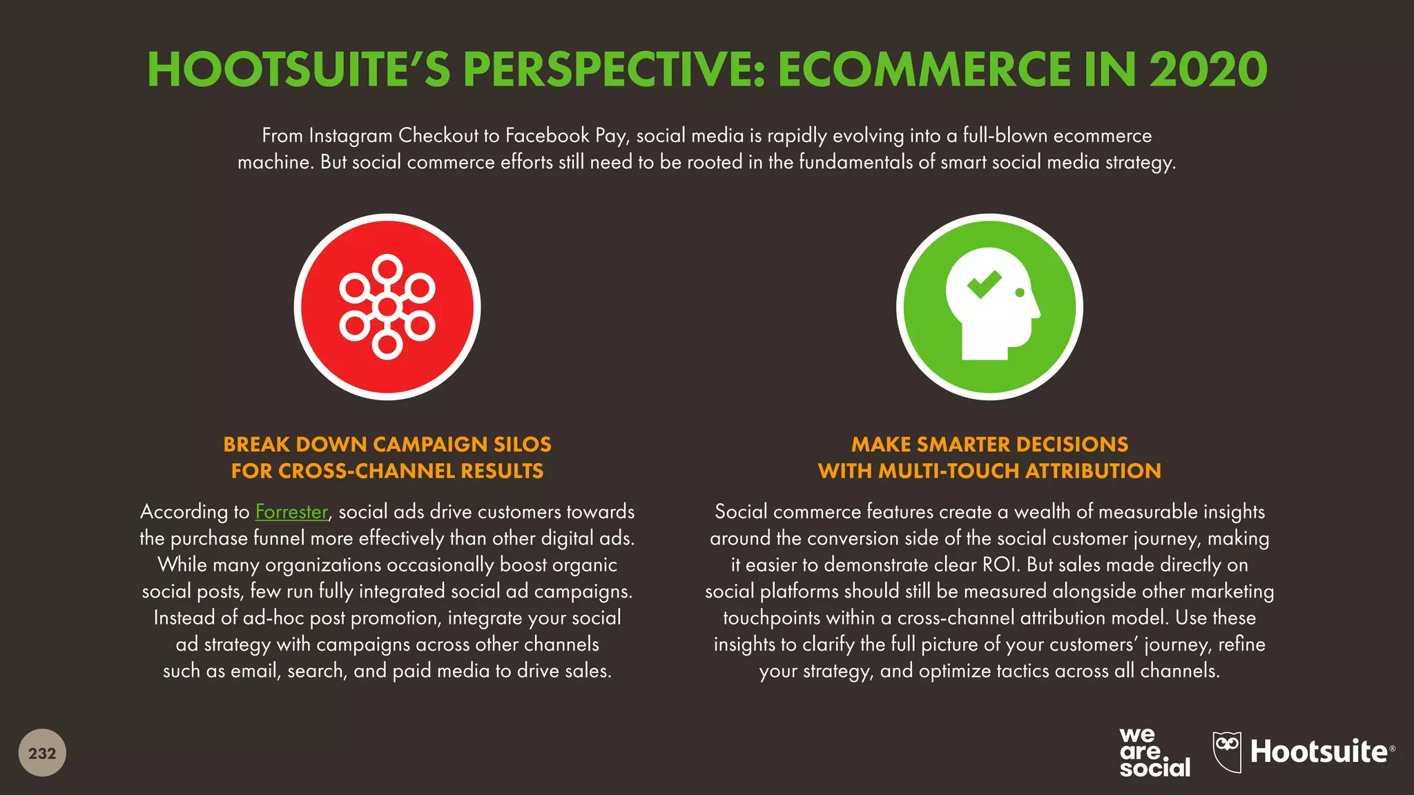 232
From Instagram Checkout to Facebook Pay, social media is rapidly evolving into a full-blown ecommerce
machine. But social commerce efforts still need to be rooted in the fundamentals of smart social media strategy.
According to Forrester, social ads drive customers towards
the purchase funnel more effectively than other digital ads.
While many organizations occasionally boost organic
social posts, few run fully integrated social ad campaigns.
Instead of ad-hoc post promotion, integrate your social
ad strategy with campaigns across other channels
such as email, search, and paid media to drive sales.
BREAK DOWN CAMPAIGN SILOS
FOR CROSS-CHANNEL RESULTS
Social commerce features create a wealth of measurable insights
around the conversion side of the social customer journey, making
it easier to demonstrate clear ROI. But sales made directly on
social platforms should still be measured alongside other marketing
touchpoints within a cross-channel attribution model. Use these
insights to clarify the full picture of your customers’ journey, refine
your strategy, and optimize tactics across all channels.
MAKE SMARTER DECISIONS
WITH MULTI-TOUCH ATTRIBUTION
HOOTSUITE’S PERSPECTIVE: ECOMMERCE IN 2020
 