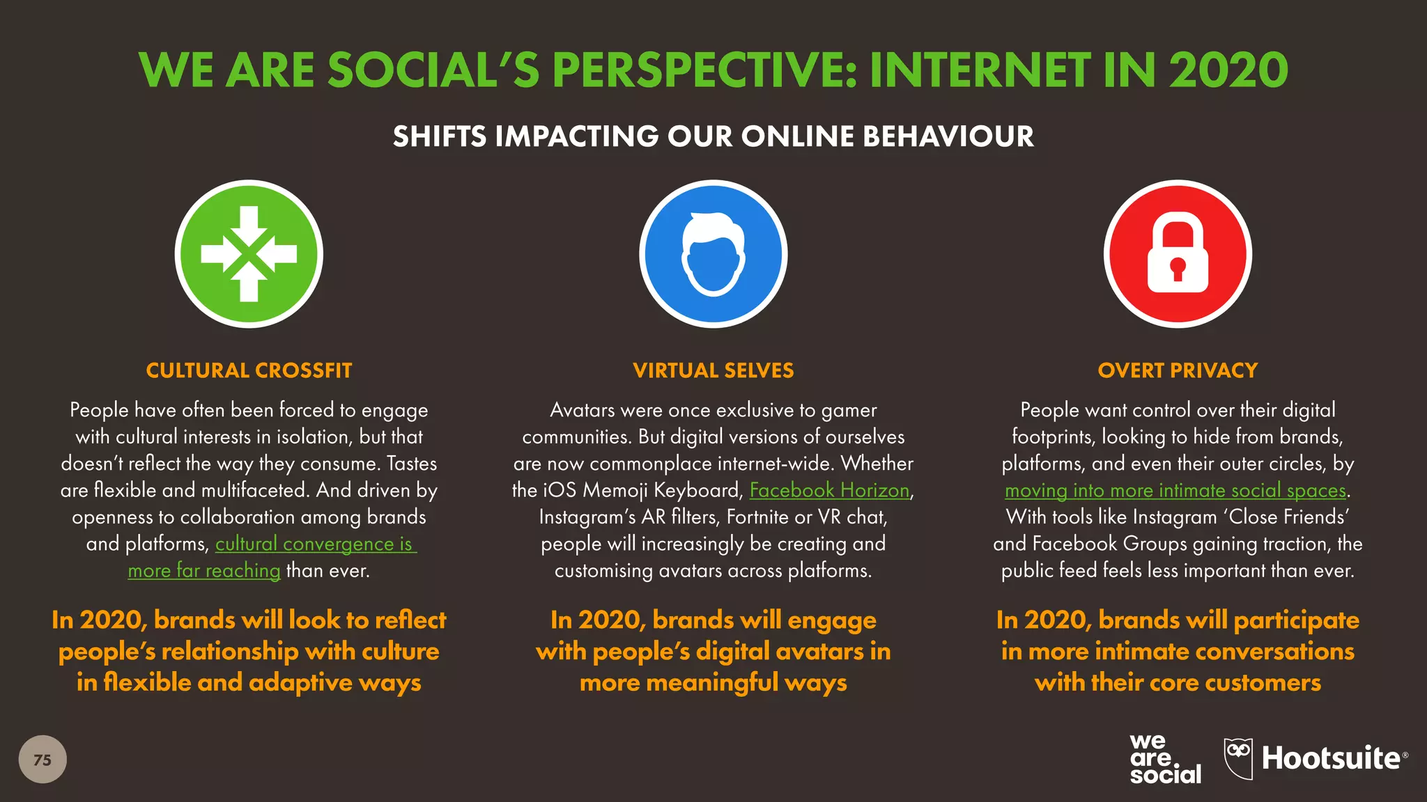75
People have often been forced to engage
with cultural interests in isolation, but that
doesn’t reflect the way they consume. Tastes
are flexible and multifaceted. And driven by
openness to collaboration among brands
and platforms, cultural convergence is
more far reaching than ever.
In 2020, brands will look to reflect
people’s relationship with culture
in flexible and adaptive ways
CULTURAL CROSSFIT
People want control over their digital
footprints, looking to hide from brands,
platforms, and even their outer circles, by
moving into more intimate social spaces.
With tools like Instagram ‘Close Friends’
and Facebook Groups gaining traction, the
public feed feels less important than ever.
In 2020, brands will participate
in more intimate conversations
with their core customers
OVERT PRIVACY
Avatars were once exclusive to gamer
communities. But digital versions of ourselves
are now commonplace internet-wide. Whether
the iOS Memoji Keyboard, Facebook Horizon,
Instagram’s AR filters, Fortnite or VR chat,
people will increasingly be creating and
customising avatars across platforms.
In 2020, brands will engage
with people’s digital avatars in
more meaningful ways
VIRTUAL SELVES
SHIFTS IMPACTING OUR ONLINE BEHAVIOUR
WE ARE SOCIAL’S PERSPECTIVE: INTERNET IN 2020
 
