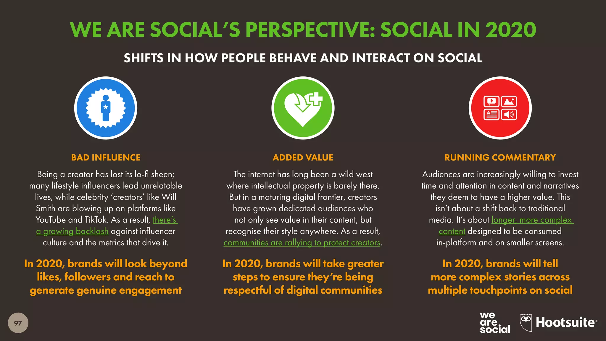 97
Being a creator has lost its lo-fi sheen;
many lifestyle influencers lead unrelatable
lives, while celebrity ‘creators’ like Will
Smith are blowing up on platforms like
YouTube and TikTok. As a result, there’s
a growing backlash against influencer
culture and the metrics that drive it.
In 2020, brands will look beyond
likes, followers and reach to
generate genuine engagement
BAD INFLUENCE
Audiences are increasingly willing to invest
time and attention in content and narratives
they deem to have a higher value. This
isn’t about a shift back to traditional
media. It’s about longer, more complex
content designed to be consumed
in-platform and on smaller screens.
In 2020, brands will tell
more complex stories across
multiple touchpoints on social
RUNNING COMMENTARY
The internet has long been a wild west
where intellectual property is barely there.
But in a maturing digital frontier, creators
have grown dedicated audiences who
not only see value in their content, but
recognise their style anywhere. As a result,
communities are rallying to protect creators.
In 2020, brands will take greater
steps to ensure they’re being
respectful of digital communities
ADDED VALUE
SHIFTS IN HOW PEOPLE BEHAVE AND INTERACT ON SOCIAL
WE ARE SOCIAL’S PERSPECTIVE: SOCIAL IN 2020
 