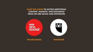 HOOTSUITE
CLICK THE LOGOS TO ACCESS ADDITIONAL
CONTENT, INSIGHTS, AND RESOURCES
FROM WE ARE SOCIAL AND HOOTSUITE:
WE ARE SOCIAL
 