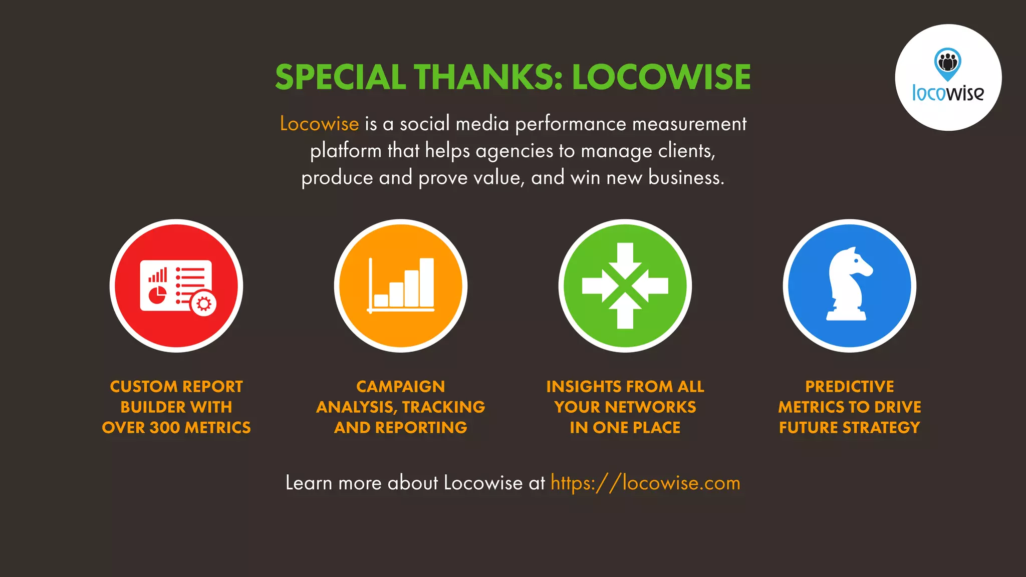 Learn more about Locowise at https://locowise.com
CUSTOM REPORT
BUILDER WITH
OVER 300 METRICS
CAMPAIGN
ANALYSIS, TRACKING
AND REPORTING
INSIGHTS FROM ALL
YOUR NETWORKS
IN ONE PLACE
PREDICTIVE
METRICS TO DRIVE
FUTURE STRATEGY
Locowise is a social media performance measurement
platform that helps agencies to manage clients,
produce and prove value, and win new business.
SPECIAL THANKS: LOCOWISE
 