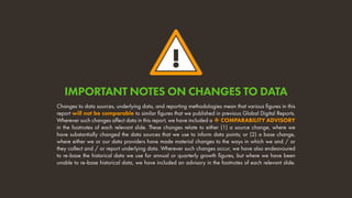 !
Changes to data sources, underlying data, and reporting methodologies mean that various figures in this
report will not be comparable to similar figures that we published in previous Global Digital Reports.
Wherever such changes affect data in this report, we have included a  COMPARABILITY ADVISORY
in the footnotes of each relevant slide. These changes relate to either (1) a source change, where we
have substantially changed the data sources that we use to inform data points; or (2) a base change,
where either we or our data providers have made material changes to the ways in which we and / or
they collect and / or report underlying data. Wherever such changes occur, we have also endeavoured
to re-base the historical data we use for annual or quarterly growth figures, but where we have been
unable to re-base historical data, we have included an advisory in the footnotes of each relevant slide.
IMPORTANT NOTES ON CHANGES TO DATA
 