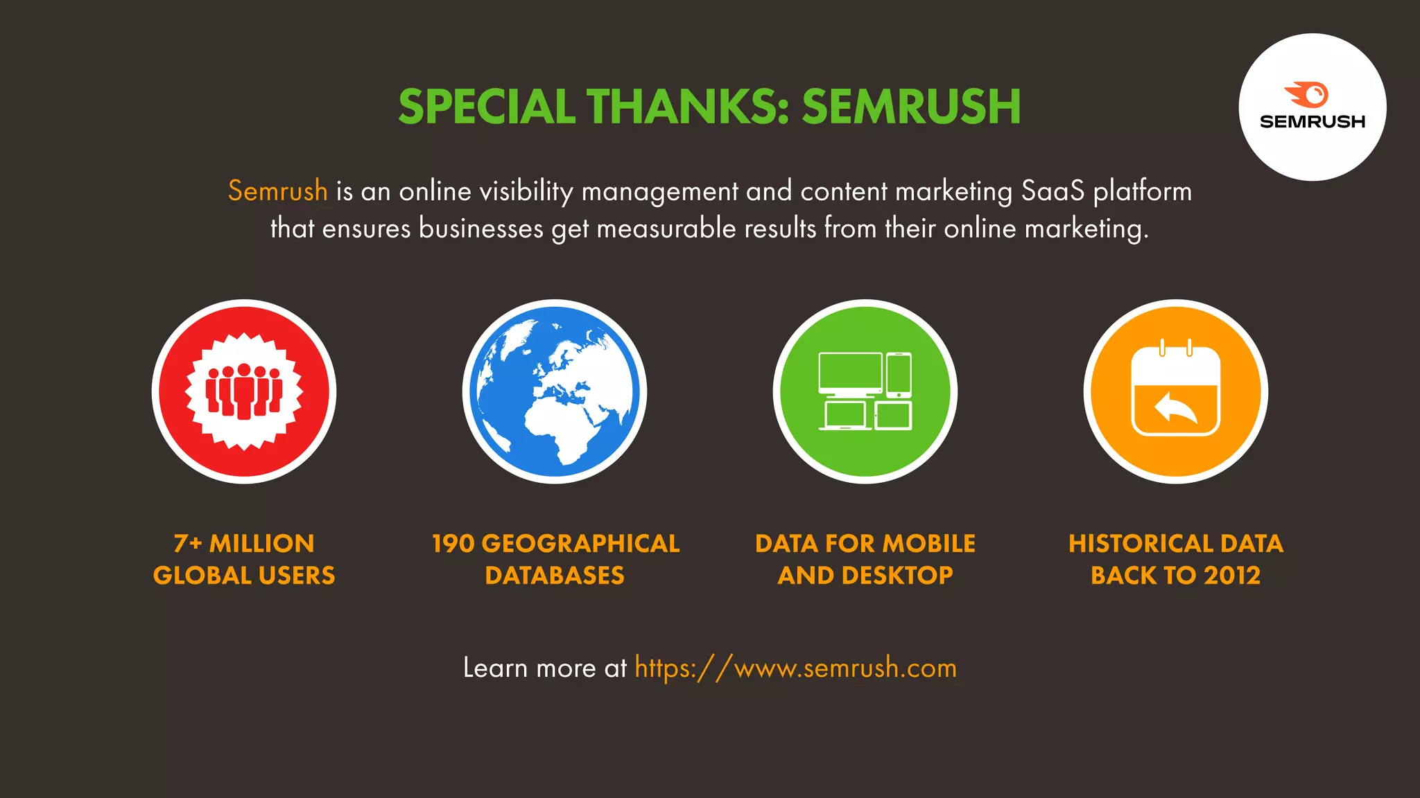 7+ MILLION
GLOBAL USERS
190 GEOGRAPHICAL
DATABASES
DATA FOR MOBILE
AND DESKTOP
HISTORICAL DATA
BACK TO 2012
Learn more at https://www.semrush.com
Semrush is an online visibility management and content marketing SaaS platform
that ensures businesses get measurable results from their online marketing.
SPECIAL THANKS: SEMRUSH
 