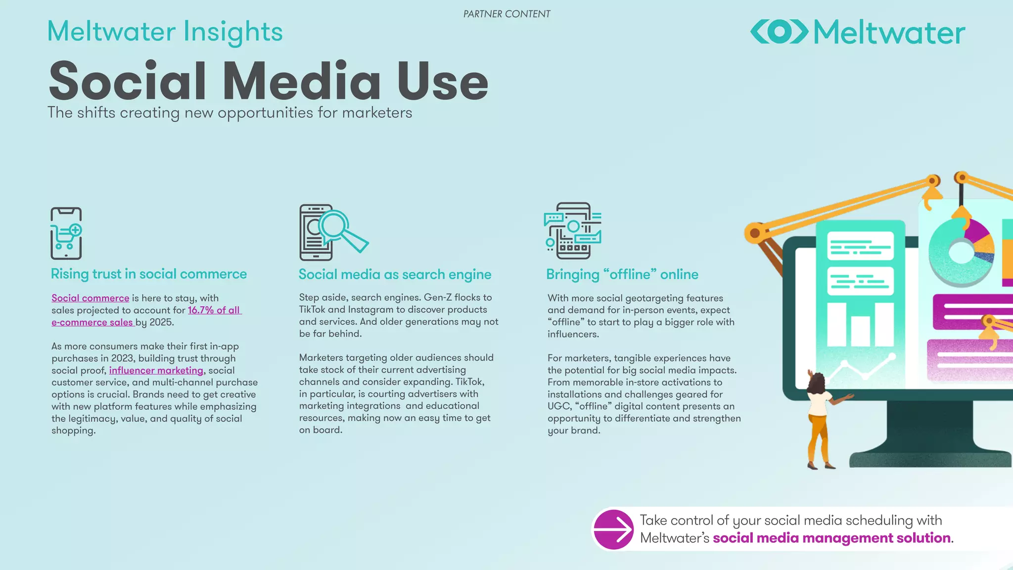 Meltwater Insights
The shifts creating new opportunities for marketers
Social Media Use
With more social geotargeting features
and demand for in-person events, expect
“offline” to start to play a bigger role with
influencers.
For marketers, tangible experiences have
the potential for big social media impacts.
From memorable in-store activations to
installations and challenges geared for
UGC, “offline” digital content presents an
opportunity to differentiate and strengthen
your brand.
Social commerce is here to stay, with
sales projected to account for 16.7% of all
e-commerce sales by 2025.
As more consumers make their first in-app
purchases in 2023, building trust through
social proof, influencer marketing, social
customer service, and multi-channel purchase
options is crucial. Brands need to get creative
with new platform features while emphasizing
the legitimacy, value, and quality of social
shopping.
Step aside, search engines. Gen-Z flocks to
TikTok and Instagram to discover products
and services. And older generations may not
be far behind.
Marketers targeting older audiences should
take stock of their current advertising
channels and consider expanding. TikTok,
in particular, is courting advertisers with
marketing integrations and educational
resources, making now an easy time to get
on board.
Rising trust in social commerce Social media as search engine Bringing “offline” online
Take control of your social media scheduling with
Meltwater’s social media management solution.
PARTNER CONTENT
 