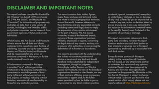 incidental, special, consequential, exemplary
or similar loss or damage, or loss or damage
of any kind, suffered by you or anyone else as
a result of any use, action or decision taken by
you or anyone else in any way connected to
this report or the information contained herein,
or the result(s) thereof, even if advised of the
possibility of such loss or damage.
This report may contain reference to third-
party data providers, however this report
does not endorse any such third parties or
their products or services, nor is this report
sponsored by, endorsed by or associated with
such third parties.
Except for those portions of this report
relating to the perspectives of Hootsuite,
We Are Social, or any other brand partner
or advertiser, this report and any opinions
contained herein have been prepared by
Kepios, and have not been specifically
approved or disapproved by Hootsuite or We
Are Social. This report is subject to change
without notice. To ensure you have the most
recent version of this report, please visit our
reports website at https://datareportal.com/.
This report contains data, tables, figures,
maps, flags, analyses and technical notes
that relate to various geographical territories
around the world, however reference to
these territories and any associated elements
(including names and flags) does not imply
the expression of any opinion whatsoever
on the part of Kepios, We Are Social,
Hootsuite, or any of the featured brands,
nor any of those organisations’ partners,
affiliates, employees or agents, concerning
the legal status of any country, territory, city
or area or of its authorities, or concerning the
delimitation of its frontiers or boundaries.
This report is provided with the understanding
that it does not constitute professional
advice or services of any kind and should
therefore not be substituted for independent
investigations, thought or judgment.
Accordingly, neither Kepios, nor We Are
Social, nor Hootsuite, nor any of the brands or
organisations featured or cited herein, nor any
of their partners, affiliates, group companies,
employees or agents shall, to the fullest
extent permitted by law, be liable to you or
anyone else for any direct, indirect, punitive,
This report has been compiled by Kepios Pte.
Ltd. (“Kepios”) on behalf of We Are Social
Ltd. (“We Are Social”) and Hootsuite Inc.
(“Hootsuite”) for informational purposes only,
and relies on data from a wide variety of
sources, including but not limited to public
and private companies, market research firms,
government agencies, NGOs, and private
individuals.
While Kepios, We Are Social, and Hootsuite
strive to ensure that all data and charts
contained in this report are, as at the time of
publishing, accurate and up-to-date, neither
Kepios, nor We Are Social, nor Hootsuite
shall be responsible for any errors or
omissions contained in this report, or for the
results obtained from its use.
All information contained in this report
is provided “as is”, with no guarantee
whatsoever of its accuracy, completeness,
correctness or non-infringement of third-
party rights and without warranty of any
kind, express or implied, including without
limitation, warranties of merchantability or
fitness for any particular purpose.
DISCLAIMER AND IMPORTANT NOTES
 