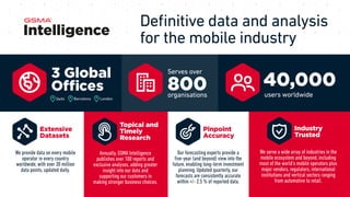 Extensive
Datasets
We provide data on every mobile
operator in every country
worldwide, with over 30 million
data points, updated daily.
Annually, GSMA Intelligence
publishes over 100 reports and
exclusive analyses, adding greater
insight into our data and
supporting our customers in
making stronger business choices.
Our forecasting experts provide a
five-year (and beyond) view into the
future, enabling long-term investment
planning. Updated quarterly, our
forecasts are consistently accurate
within +/- 2.5 % of reported data.
Topical and
Timely
Research
Pinpoint
Accuracy
We serve a wide array of industries in the
mobile ecosystem and beyond, including
most of the world’s mobile operators plus
major vendors, regulators, international
institutions and vertical sectors ranging
from automotive to retail.
Industry
Trusted
3 Global
Offices
Delhi Barcelona London
Serves over
800
organisations
40,000
users worldwide
Definitive data and analysis
for the mobile industry
 