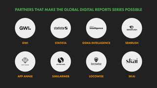 APP ANNIE SIMILARWEB LOCOWISE SKAI
GWI STATISTA GSMA INTELLIGENCE SEMRUSH
PARTNERS THAT MAKE THE GLOBAL DIGITAL REPORTS SERIES POSSIBLE
 