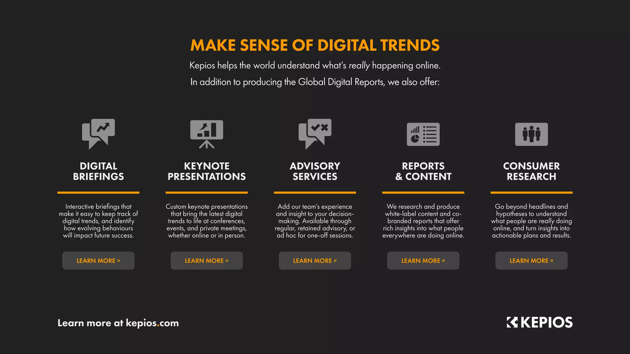 Learn more at kepios.com
LEARN MORE »
LEARN MORE »
LEARN MORE »
LEARN MORE »
LEARN MORE »
Go beyond headlines and
hypotheses to understand
what people are really doing
online, and turn insights into
actionable plans and results.
We research and produce
white-label content and co-
branded reports that offer
rich insights into what people
everywhere are doing online.
Add our team’s experience
and insight to your decision-
making. Available through
regular, retained advisory, or
ad hoc for one-off sessions.
Custom keynote presentations
that bring the latest digital
trends to life at conferences,
events, and private meetings,
whether online or in person.
Interactive briefings that
make it easy to keep track of
digital trends, and identify
how evolving behaviours
will impact future success.
CONSUMER
RESEARCH
REPORTS
& CONTENT
ADVISORY
SERVICES
KEYNOTE
PRESENTATIONS
DIGITAL
BRIEFINGS
In addition to producing the Global Digital Reports, we also offer:
Kepios helps the world understand what’s really happening online.
MAKE SENSE OF DIGITAL TRENDS
 