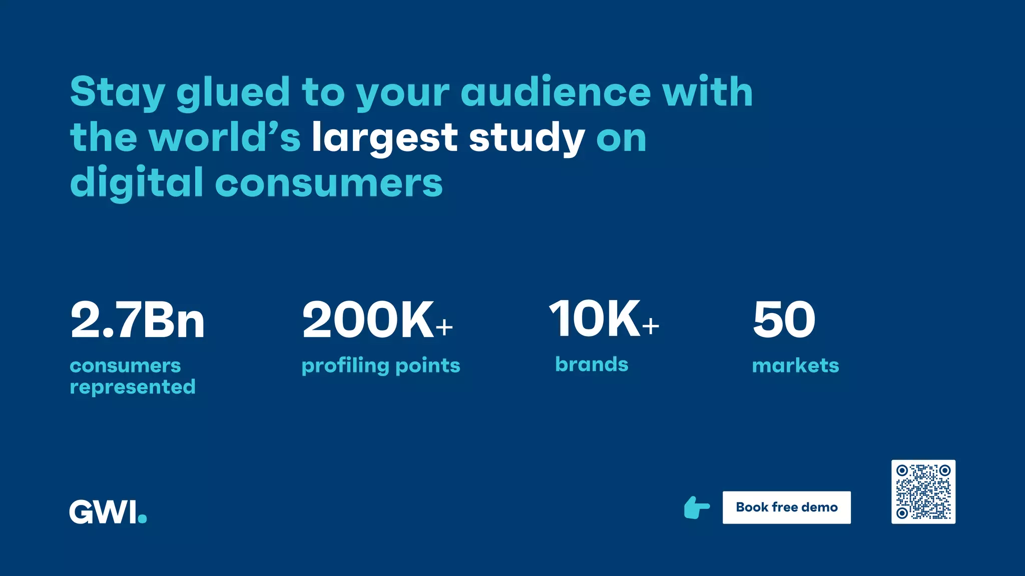 Stay glued to your audience with
the world’s largest study on
digital consumers
2.7Bn
consumers
represented
profiling points brands markets
200K+ 10K+ 50
Book free demo
 