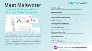 The global leading provider of
social and media intelligence
Meet Meltwater
Leading global organizations use Meltwater’s PR, marketing,
and social media solutions to better serve their customers.
Our social and media intelligence solutions — brought to
you by 2,300 employees in 50 offices across six continents
— provide our 27,000 corporate customers with the insights
they need to make better, more informed decisions.
Learn more at meltwater.com.
Media Intelligence
Monitor digital and traditional media content across the world
Media Relations
Build strong relationships with the best media contacts for your brand
Social Listening & Analytics
Analyze what the world is saying about your brand, your industry,
and your competitors
Social Media Management
Take control of your social media presence
Consumer Insights
Understand what drives your customers
Influencer Marketing
Streamline and measure your influencer marketing management
Sales Intelligence
Evolve your sales process with data
API & Data Integration
Create an enterprise-wide analytics platform tailored to your business
The global leading provider of
social and media intelligence
Meet Meltwater
Leading global organizations use Meltwater’s PR, marketing,
and social media solutions to better serve their customers.
Our social and media intelligence solutions — brought to
you by 2,300 employees in 50 offices across six continents
— provide our 27,000 corporate customers with the insights
they need to make better, more informed decisions.
Learn more at meltwater.com.
Media Intelligence
Monitor digital and traditional media content across the world
Media Relations
Build strong relationships with the best media contacts for your brand
Social Listening & Analytics
Analyze what the world is saying about your brand, your industry,
and your competitors
Social Media Management
Take control of your social media presence
Consumer Insights
Understand what drives your customers
Influencer Marketing
Streamline and measure your influencer marketing management
Sales Intelligence
Evolve your sales process with data
API & Data Integration
Create an enterprise-wide analytics platform tailored to your business
 